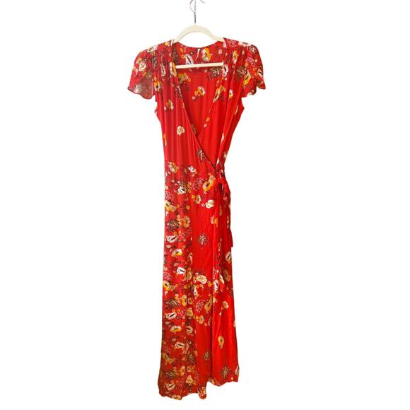 Free people Jess red maxi floral boho flutter sleeve wrap dress size XS - Picture 5 of 12